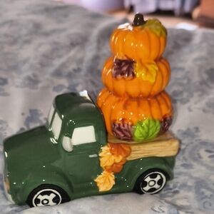 Festive Green Ceramic Truck with Pumpkins Salt And Pepper Shakers